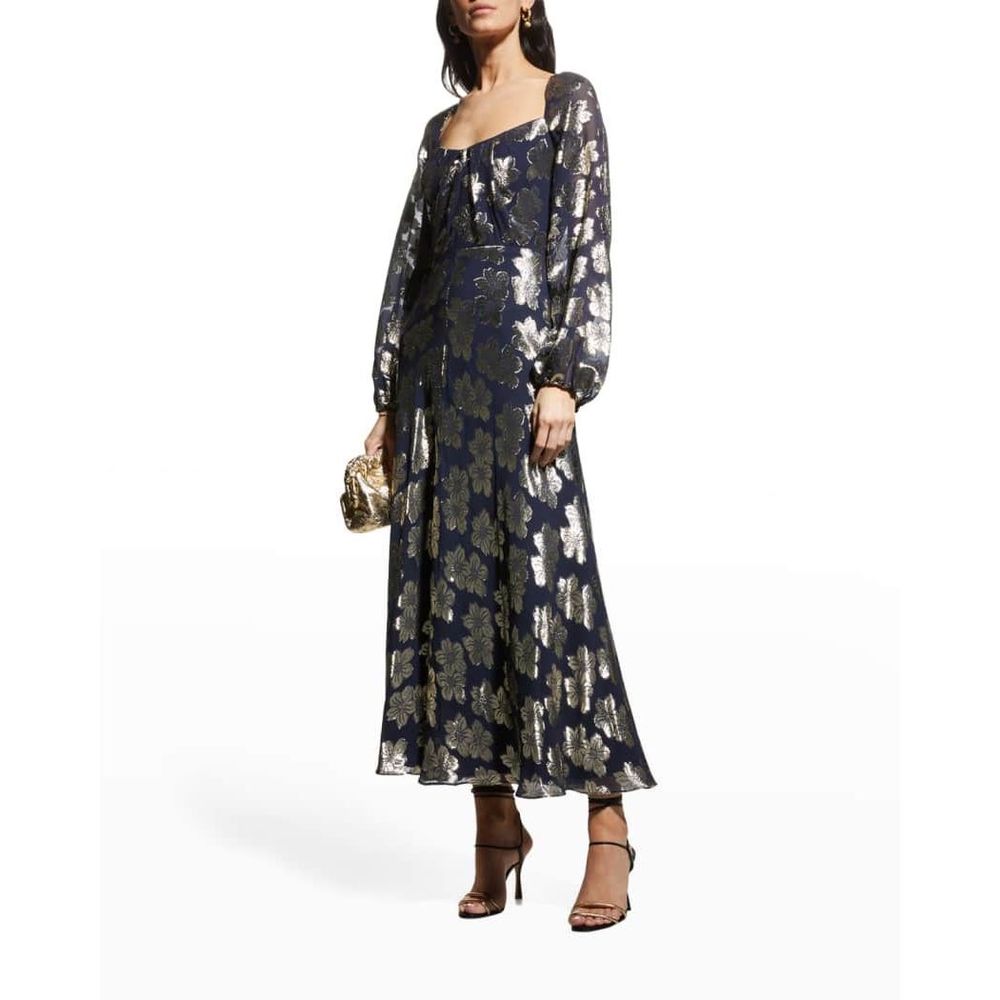 Lela Rose Navy and Gold Floral Midi Dress